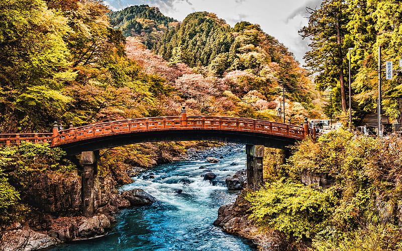 Nikko Daiya River, Shinkyo Bridge, autumn, beautiful nature, japan, Asia, japanese nature, R, HD wallpaper