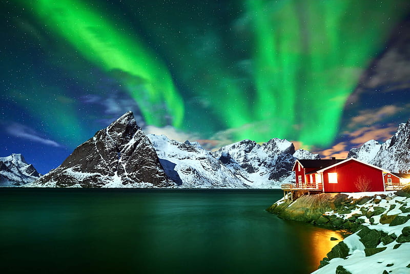 Aurora borealis over winter landscape, snow, island, Norway, night, winter, north, house, bonito, sea, mountain, Aurora, HD wallpaper