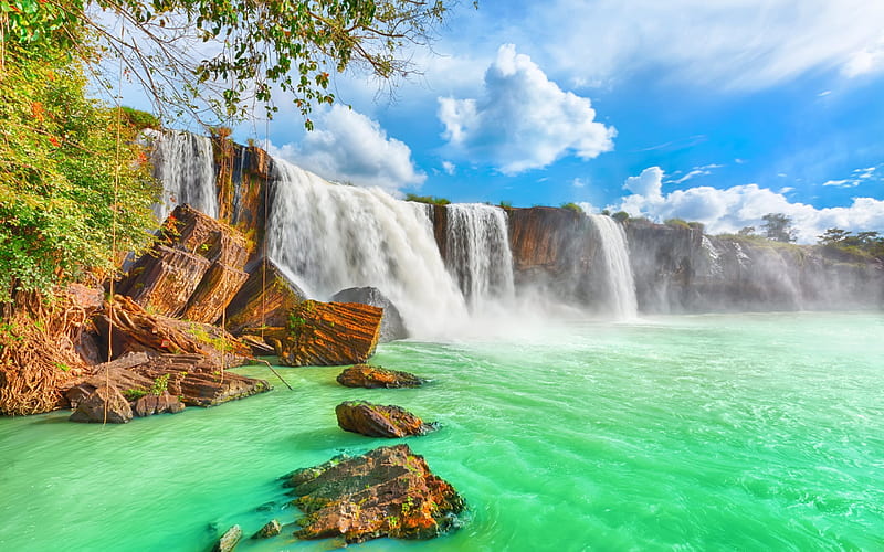 Dry Nur waterfall, lake, summer, waterfall, vines, Vietnam, HD wallpaper