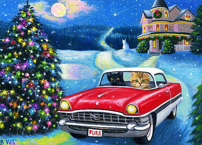 A Holiday Drive, house, xmas tree, snow, car, painting, cats, artwork ...