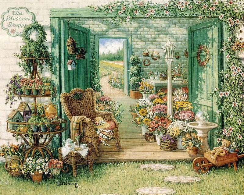 Behind The Green Doors, lantern, wicker chair, flower shoppe, green doors, hat, teddy bears, plants, flowers, garden, HD wallpaper
