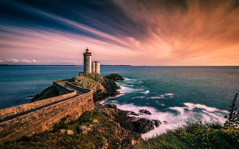 Petit Minou Lighthouse, evening, sunset, seascape, lighthouse, Atlantic ocean, coast, Fort du Petit Minou, Plouzane, Brittany, France, HD wallpaper
