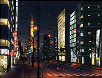 Anime street, road, buildings, scenery, night, stars, Anime, HD wallpaper