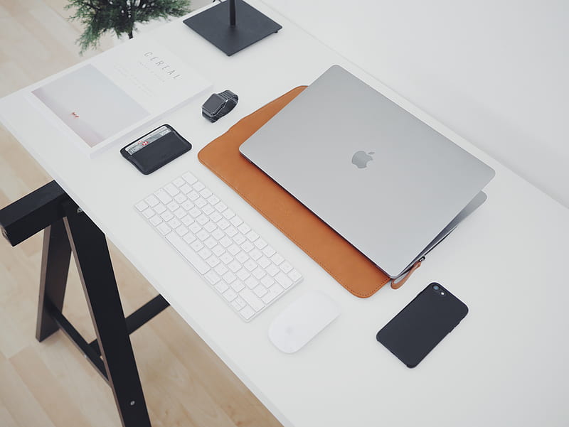 silver MacBook and phone on white table, HD wallpaper