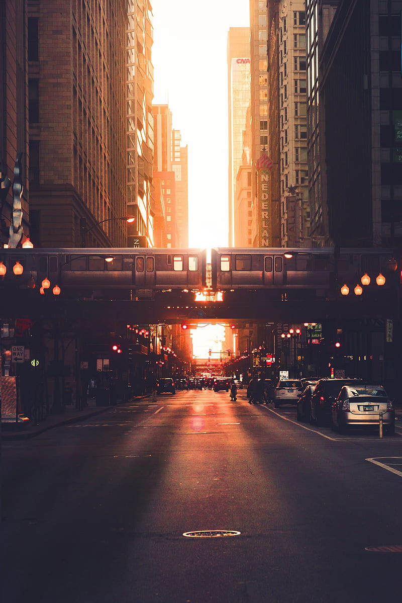 city, road, buildings, train, street, sunset, HD phone wallpaper
