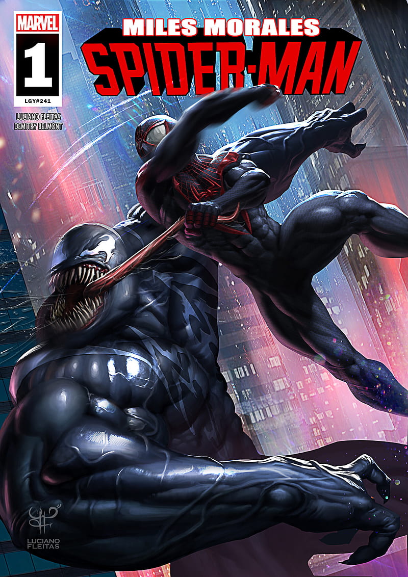 Spider-Man, Venom, Marvel Comics, artwork, fighting, portrait display, comic books, Miles Morales, HD phone wallpaper