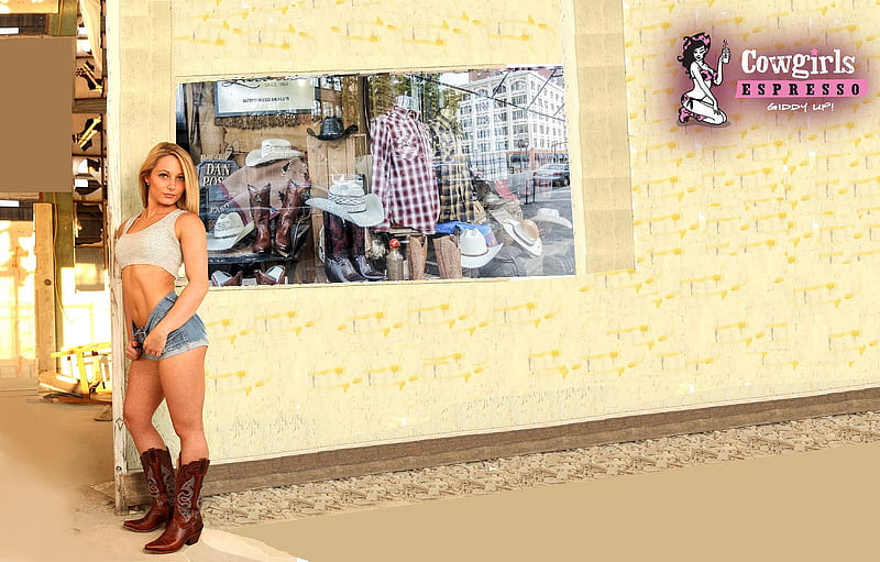 Cowgirl Shopping . ., store window, female, models, hats, cowgirl, boots, fun, outdoors, women, blondes, western, style, HD wallpaper