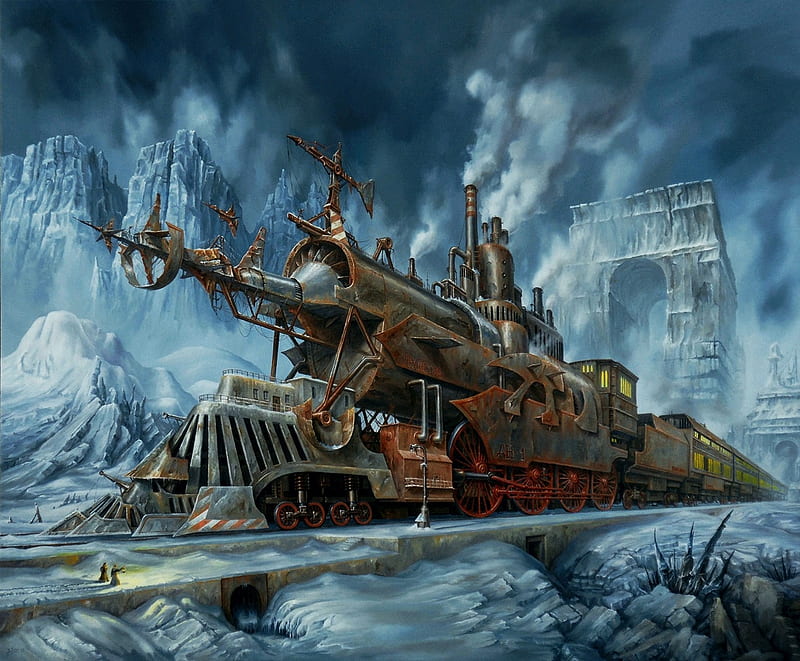 Steampunk Train, art, locomotive, painting, ice, railways, winter, HD wallpaper