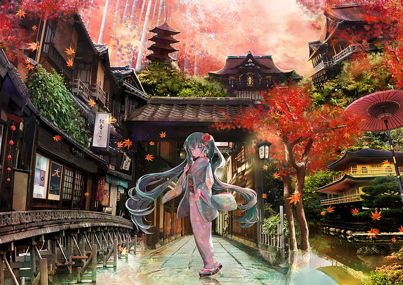 hatsune miku, japanese buildings, aqua hair, kimono, vocaloid, giant trees, Anime, HD wallpaper
