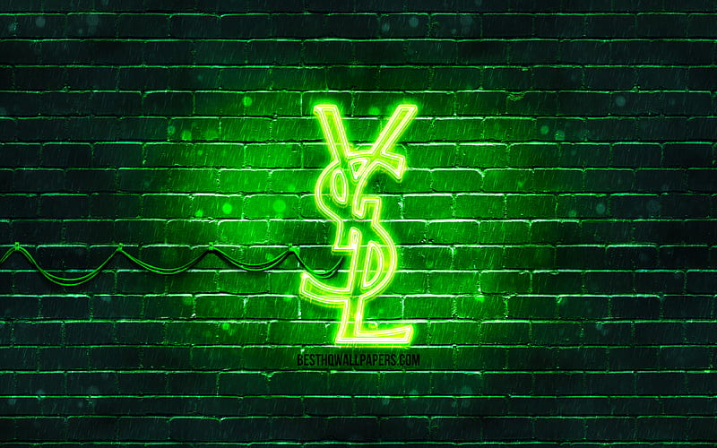 Yves Saint Laurent green logo green brickwall, Yves Saint Laurent logo, fashion brands, Yves Saint Laurent neon logo, Yves Saint Laurent, HD wallpaper