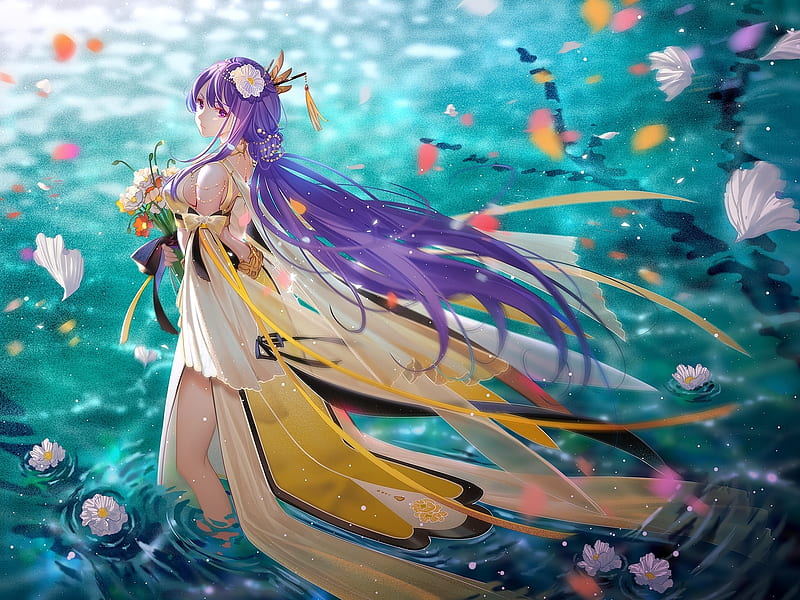 VSinger, pretty, scenic, dress cg, bonito, adorable, sweet, floral, pillars, nice, butterfly, anime, love, flowers, beauty, hot, anime girl, long hair, female, lovely, brown hair, sexy, cute, water, kawaii, purple, girl, oriental, petals, lady, scene, yellow, HD wallpaper