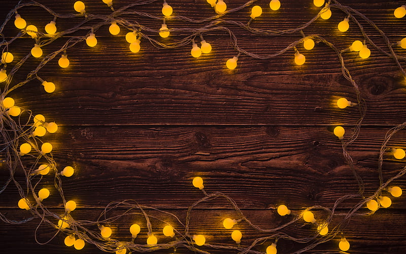wooden background, brown boards, garland, light bulbs, evening, Christmas, New Year, HD wallpaper