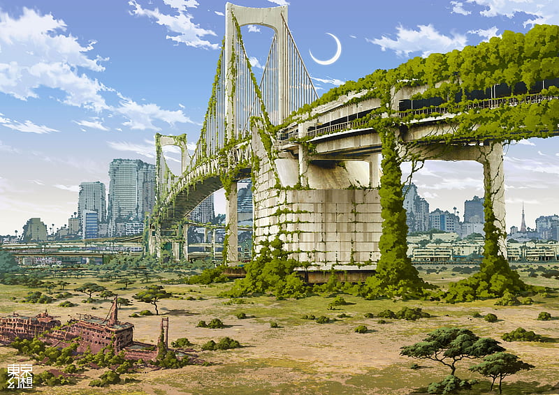 crescent, anime apocalypse, bridge, ruins, clouds, Anime, HD wallpaper
