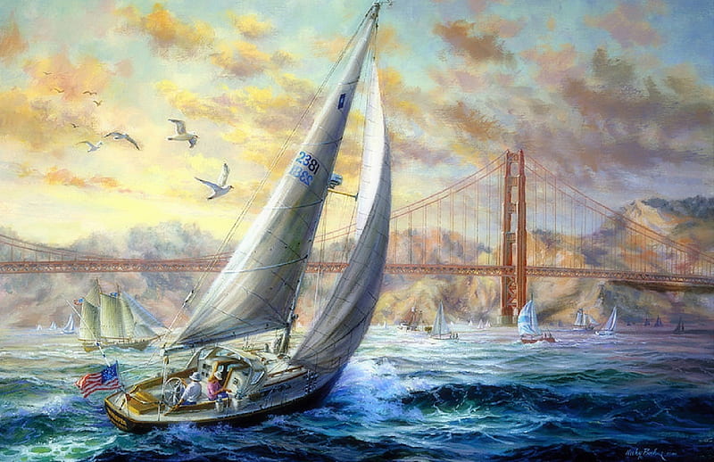 Golden Gate, flying birds, bridges, love four seasons, attractions in dreams, sky, clouds, sea, paintings, summer, seaside, nature, sailboats, HD wallpaper
