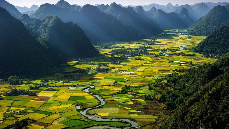 agricultural fields in a vast river valley in viet nam, river, fields, valley, mountains, HD wallpaper