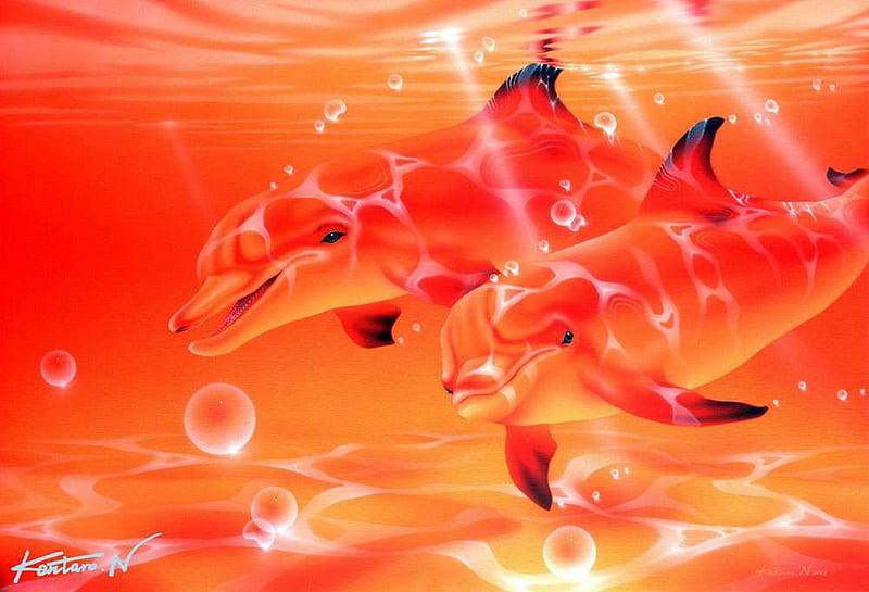 Delfines, rojo, submarino, rayos de sol, agua, pintura, burbujas, obra de  arte, Fondo de pantalla HD | Peakpx