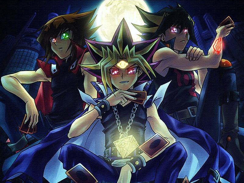 Three Kings, yusei, green eyes, millennium puzzle, yugi motou, moon, spiky hair, anime, full moon, yugioh, yu gi oh, black hair, night, pink eyes, necklace, brown hair, yugi, smile, blonde hair, singlet, cool, cards, jayden, jacket, wristbands, yu-gi-oh, pink hair, HD wallpaper