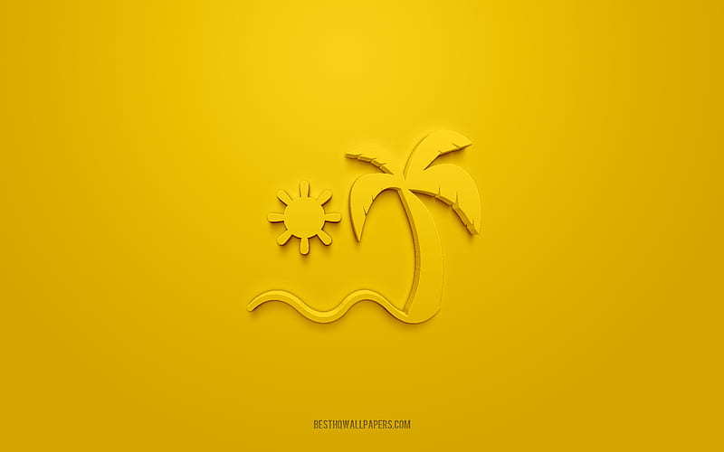 Tropical Islands 3d icon, yellow background, 3d symbols, Tropical Islands, Summer icons, 3d icons, Tropical Islands sign, Summer 3d icons, HD wallpaper