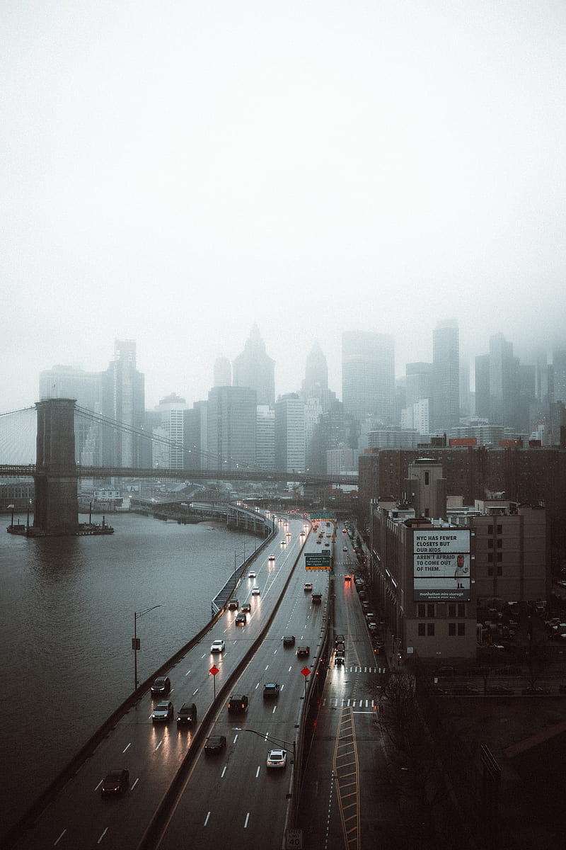 road, buildings, aerial view, city, fog, HD phone wallpaper