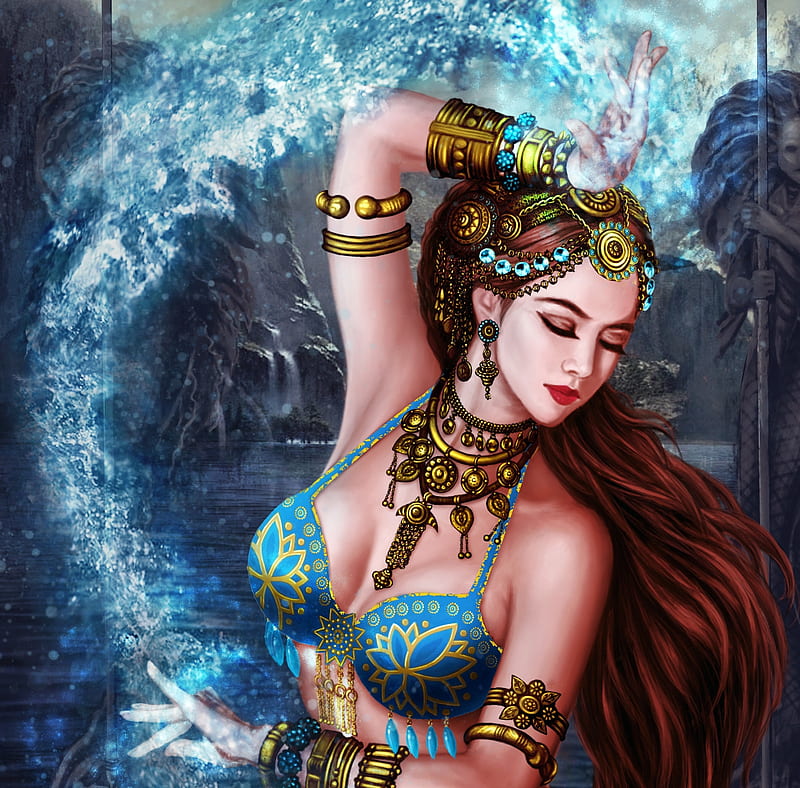 The witch dancer, witch, fantasy, water, girl, sorceress, giang pham, dancer, blue, luminos, HD wallpaper