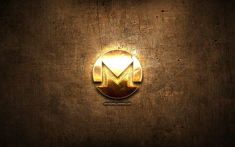Monero golden logo, cryptocurrency, brown metal background, creative, Monero logo, cryptocurrency signs, Monero, HD wallpaper