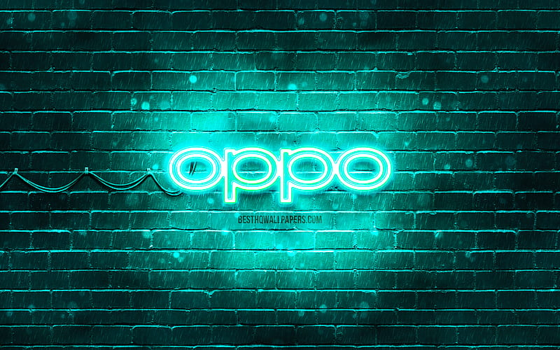 Oppo turquoise logo, , turquoise brickwall, Oppo logo, brands, Oppo neon logo, Oppo, HD wallpaper