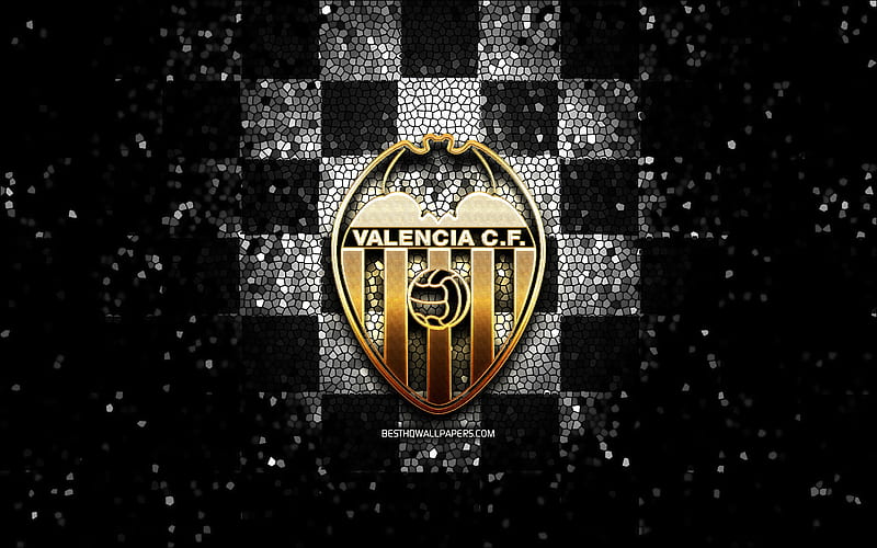Valencia FC, glitter logo, La Liga, black white checkered background, soccer, Valencia CF, spanish football club, Valencia logo, mosaic art, football, LaLiga, Spain, HD wallpaper