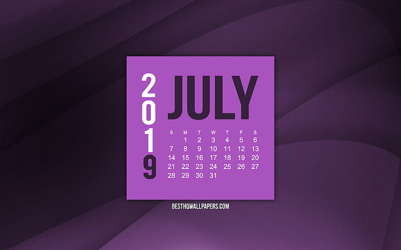 July 2019 calendar, purple wave background, 2019 calendars, July, 2019 concepts, purple 2019 July calendar, HD wallpaper