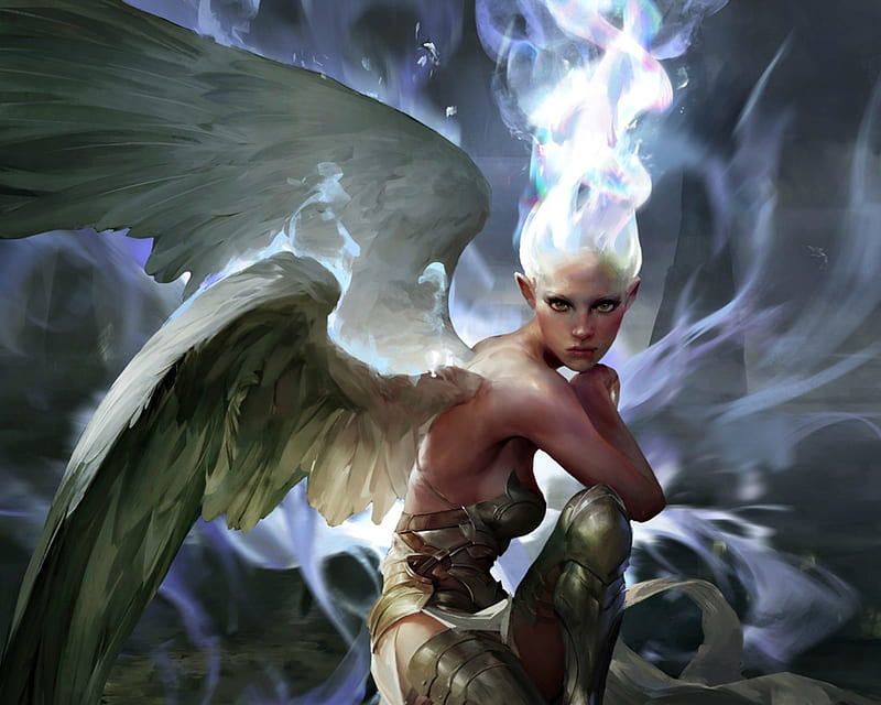 Angel, art, wings, luminos, legend of the cryptids, game, black, man, woman, crow-god, girl, dark, white, HD wallpaper