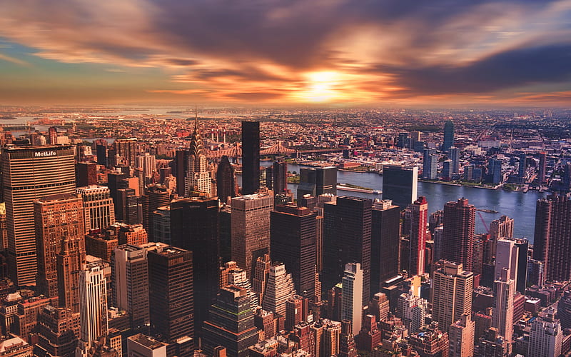New York sunset, cityscapes, Manhattan, skyscrapers, USA, America, HD wallpaper