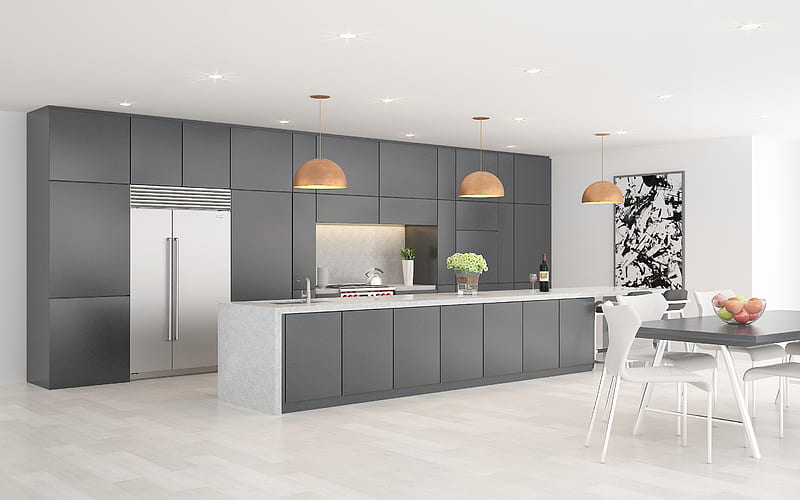 kitchen, white and gray interior, stylish furniture, modern apartment, modern design, interior idea, HD wallpaper