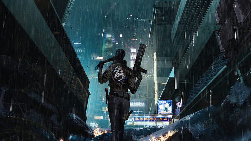 Cyberpunk Girl In Rain, HD wallpaper