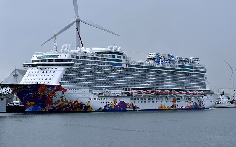 World Dream, cruise ship, luxurious white ship, a port, wind power stations, Breakaway Plus class, HD wallpaper