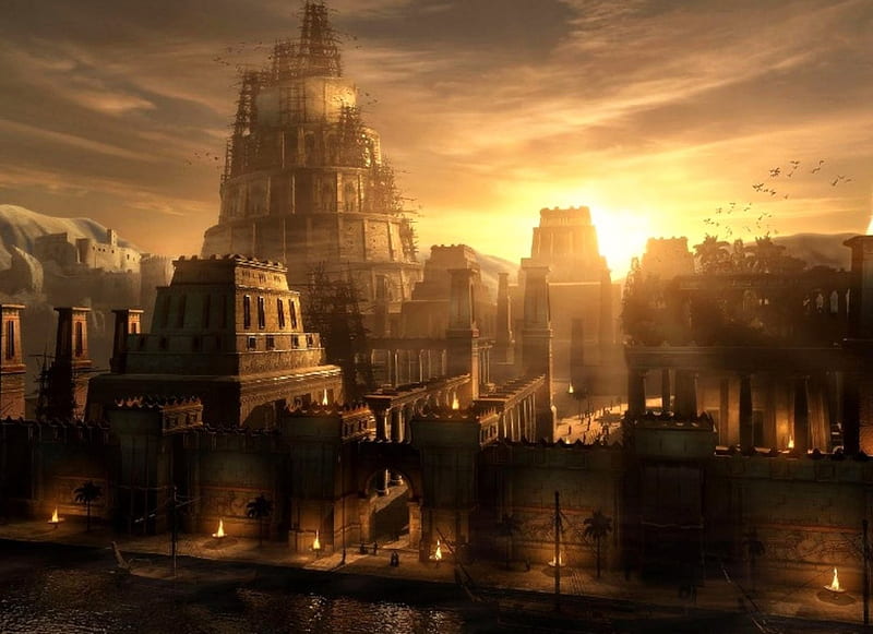 'Sunset in ancient Babylon'...., sunset, ancient city, Babylon, sky, HD wallpaper