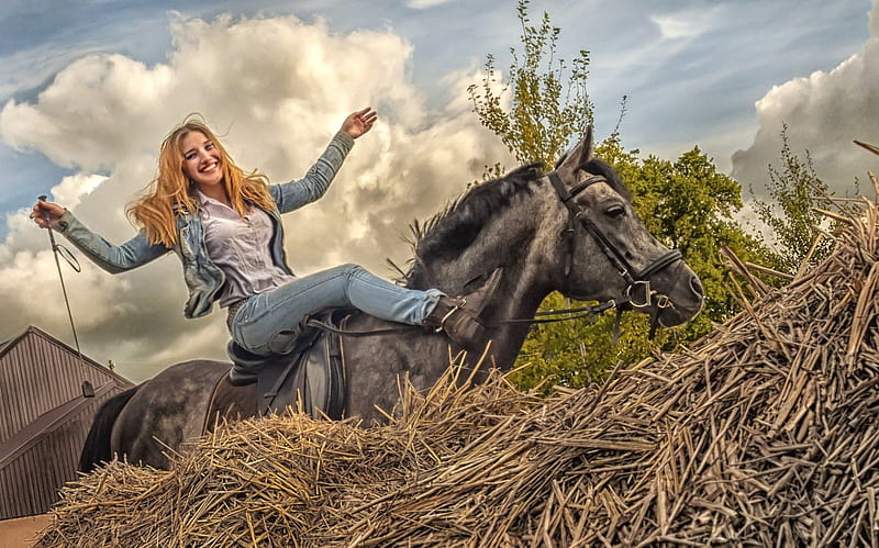 Happy horseback riding, wilde, cowgirl, life, HD wallpaper