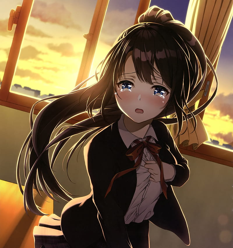 anime girl, crying, classroom, sad face, brown hair, school uniform, sunset, Anime, HD phone wallpaper