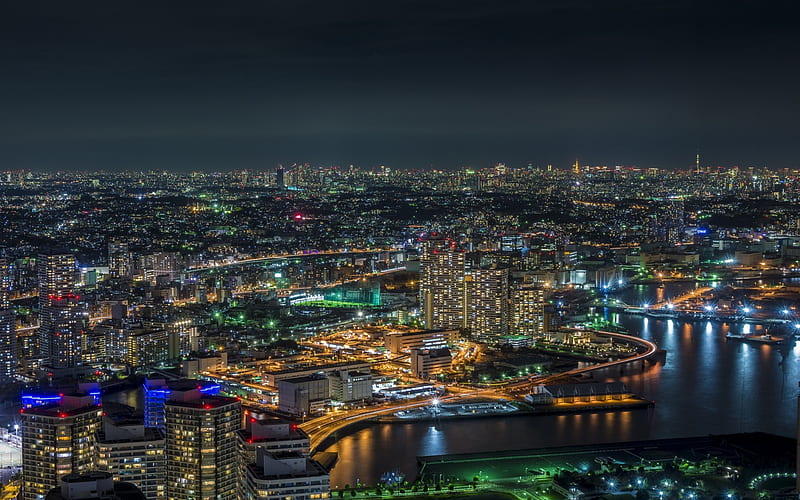 Yokohama Bay, metropolis, Tokyo, japan, cityscape, city lights, HD wallpaper