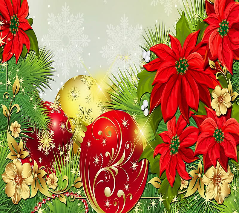 Christmas Flowers, balls, decoration, merry, HD wallpaper