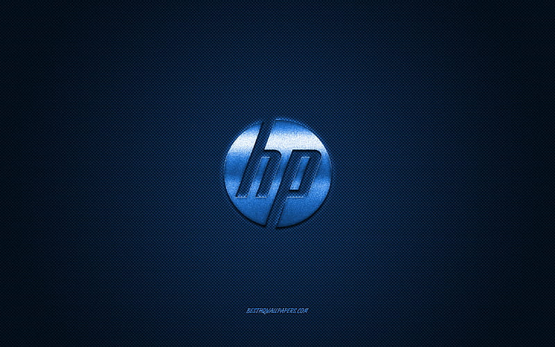 HP logo, blue shiny logo, HP metal emblem, for HP devices, Hewlett-Packard, blue carbon fiber texture, HP, brands, creative art, HD wallpaper