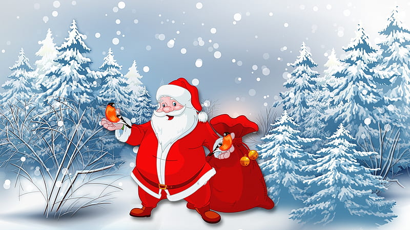 Santa & Bull Finches, Christmas, snow, birds, Santa Claus, trees, finch, winter, HD wallpaper