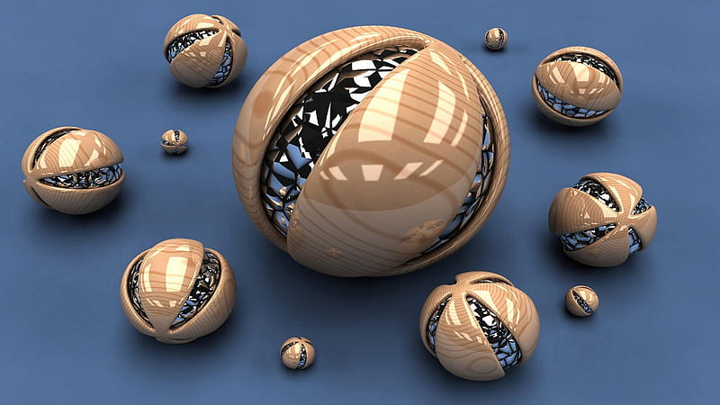 Golden Shiny Sphere Balls In Blue Background Cool 3D, HD wallpaper