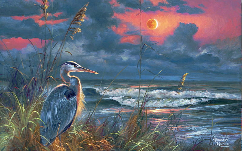 Day's End For The Heron, bird, sunset, artwork, sea, painting, colors, sky, HD wallpaper