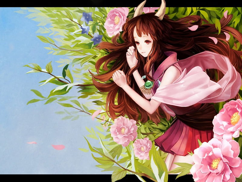 Lady Oni, pretty, dress, divine, bonito, sublime, elegant, floral, sweet, nice, anime, hot, beauty, anime girl, long hair, gorgeous, female, lovely, brown hair, ribbon, gown, sexy, cute, girl, horn, flower, HD wallpaper