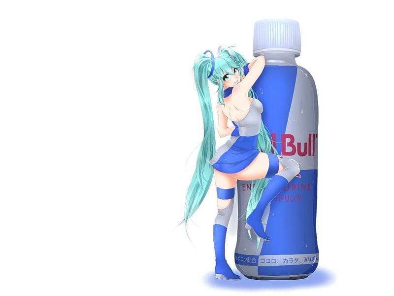 Red Bull, hatsune miku, bottle, anime, hot, drink, anime girl, vocaloids, long hair, vocaloid, female, miku, twintails, sexy, plain, cute, hatsune, girl, simple, green hair, white, HD wallpaper