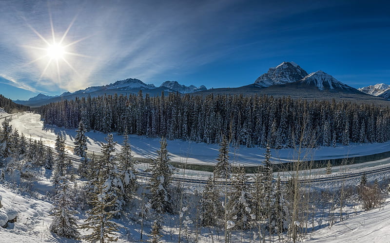 winter, mountains, snow, river, Banff National Park, Canada, Alberta, Bow Valley, Canadian Rockies, HD wallpaper