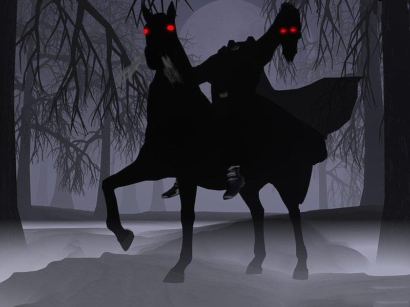 Headless Horseman, moon, head, trees, horse, red eyes, HD wallpaper