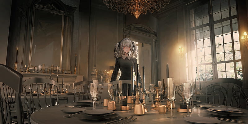 Anime girl, gothic, dining table, room, twintails, gray hair, Anime, HD  wallpaper | Peakpx
