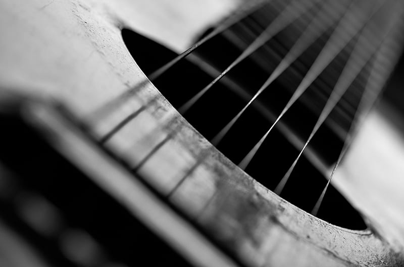 strings, guitar, music, black and white, HD wallpaper