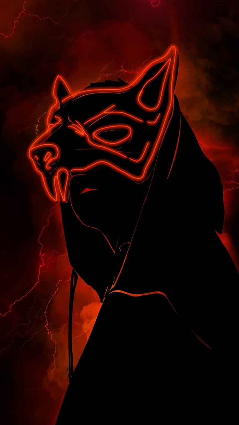 wolf mask 1 neon, anonymous, dark, face, lightning, lights, red, silhouette, HD phone wallpaper