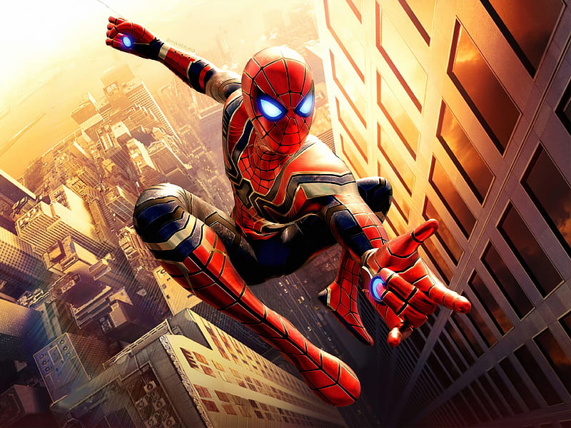 iron spider, jumping, artwork, building facade, spider-man, Movies, HD wallpaper
